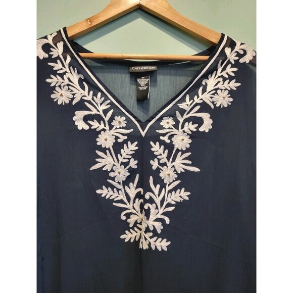 Catherines Navy Embroidered 2pc Tank & Attached Sheer Tunic Top Sz 4X - Picture 2 of 7